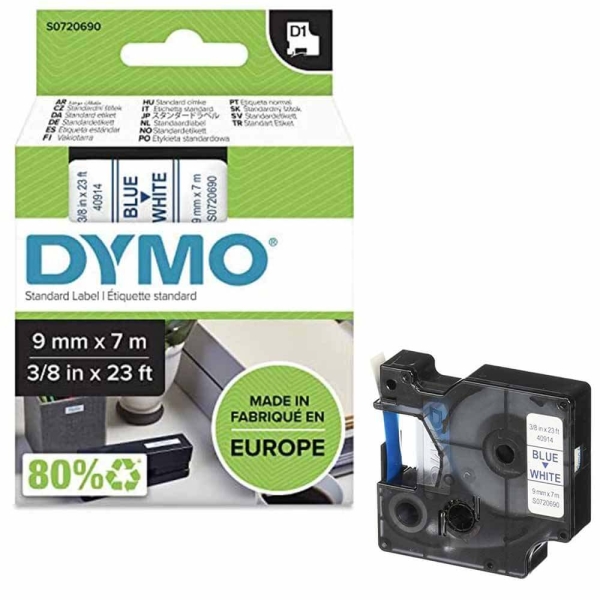 Dymo LabelManager D1 Yedek Şerit 9 mm x 7 Mt Beyaz Mavi 40914 - 1