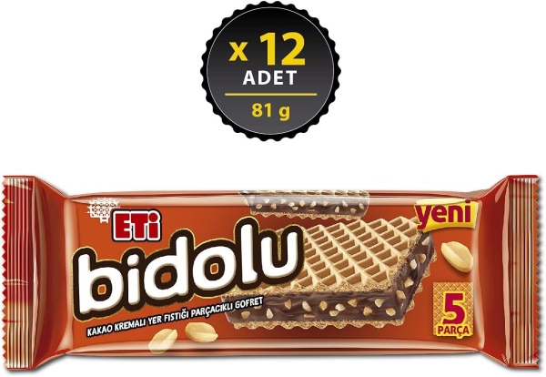 Eti Bidolu Kakao Kremalı Yer Fıstığı Parçacıklı Gofret 81 Gr 12 Adet - 1