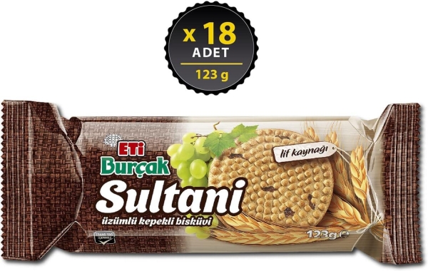 Eti Burçak Sultani Üzümlü Kepekli Bisküvi 123 Gr 18 Adet - 1