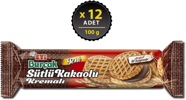 Eti Burçak Sütlü Kakaolu Kremalı Yulaflı Bisküvi 100 Gr 12 Adet - 1